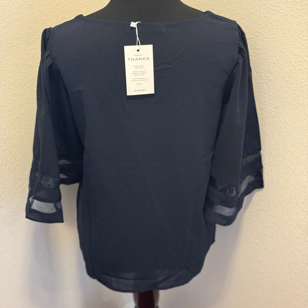 2 FOR $20 Dreamly Navy Blue Blouse Top Wide Sleeve V Neck Flowy S Small NEW - Picture 6 of 13